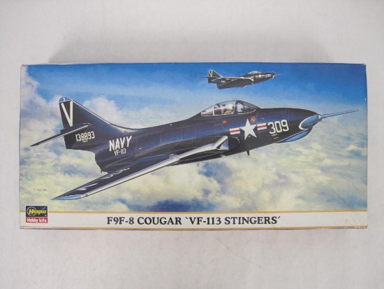 Model F9F-8 Cougar 'VF-113 Stingers' Plane in 1/72 Scale by Hasegawa Hobby Kits, Open Box, Started,