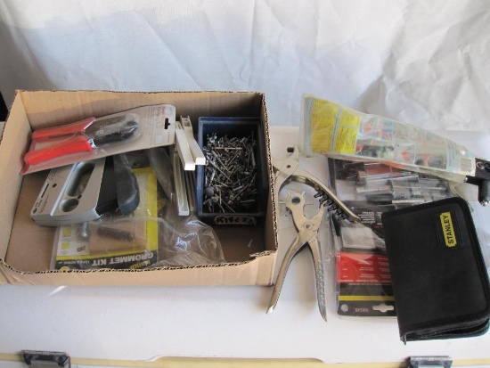 Assortment of Small Tools and Hardware, Including Staplers with Staples, Grommets, Hand Riveter and