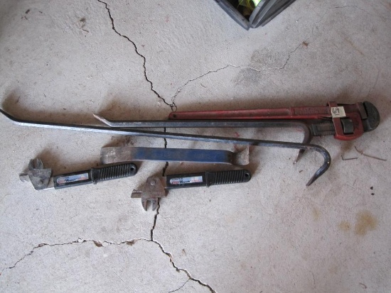Assortment of Wrenches and Crowbars, Includes 36" and 22" Crowbar, 22" Pipe wrench, Two Industrial