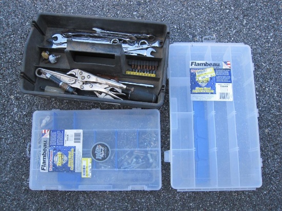Assorted Wrenches and Hardware in Plastic Organizers