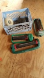 Milk Crate with 3 Lawn Sprinklers, Assorted Chain and More