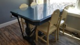 Vintage Wooden Table and Chairs, Table has Glass Top and is approximately 53 in wide 37 in across