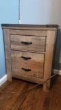 Three Drawer Wood-Look Bed Stand with Metal Accents, 30 in tall 24 in wide 16 in deep