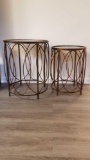 Two Vintage Metal Nesting Tables, tallest is 19 inches in diameter and 24 in tall