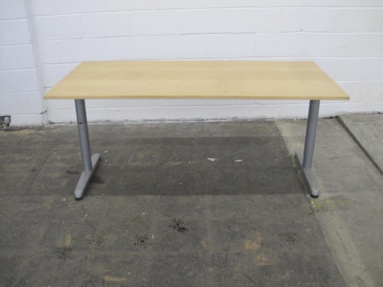 Wooden Top Adjustable Height Table With Metal Legs, 29.5W" x 63"L x 28"H, As-Is