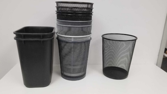 Lot of 9 Wire Mesh and 2 Plastic Trash Cans - as is