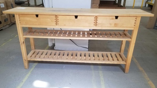 Solid Wood Shelf with Wood Counter Top and Three Drawers, 6ft 2 inches wide, 16 inches deep and 35.5