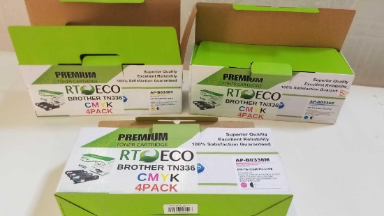 Three Brother TN-336 Ink Cartridges, Magenta is unsealed but appears unused, Blue and Yellow are