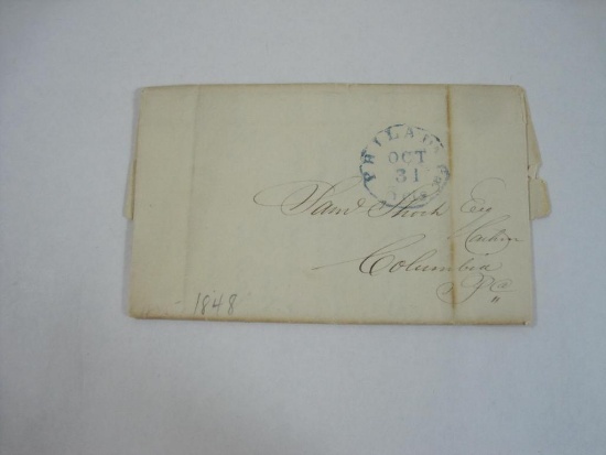 Stampless Cover Philadelphia Pa to Columbia Pa, Oct 31 1848, Blue Circle 5 cts