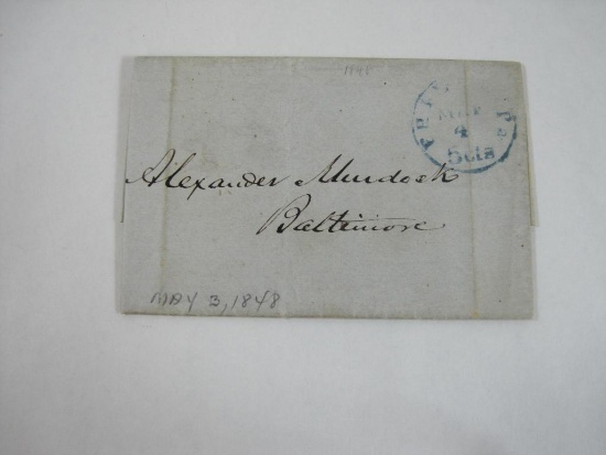 Stampless Cover Philadelphia Pa to Baltimore MD, May 4 1848, Blue Circle 5 cts
