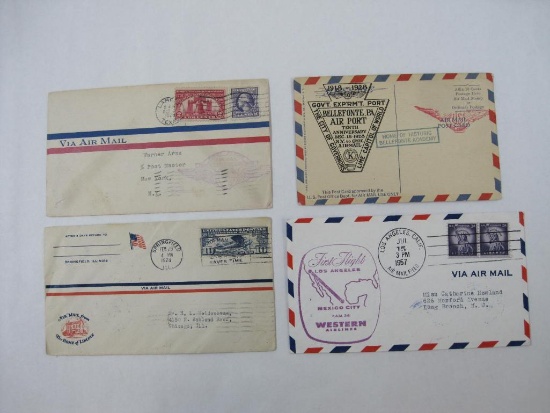 Four Vintage Air Mail Covers including Bellefonte PA Air Port Post Card, 1957 Western Airlines First