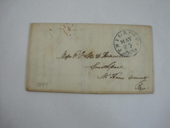 Stampless Cover Philadelphia Pa to Smethport Pa, May 25 1847, Blue Circle 5 cts