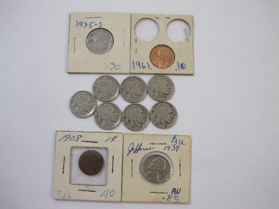 Vintage US Coins including 8 1930s Buffalo Nickels, 1908 Indian Head Penny and more