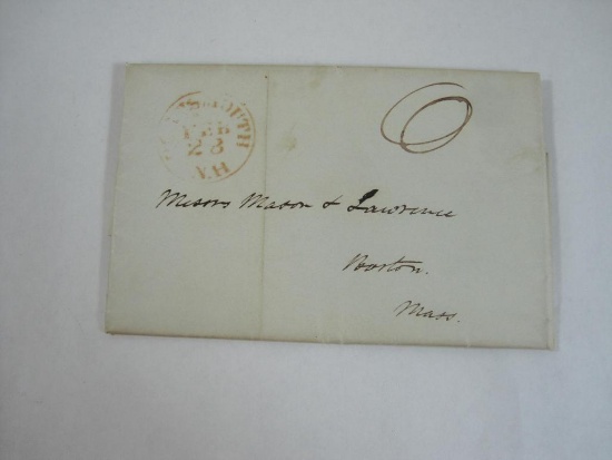 Stampless Cover Portsmouth N.H. to Boston Mass, Feb 28 1844, Red Circle, 6 in MS (Manual Script)