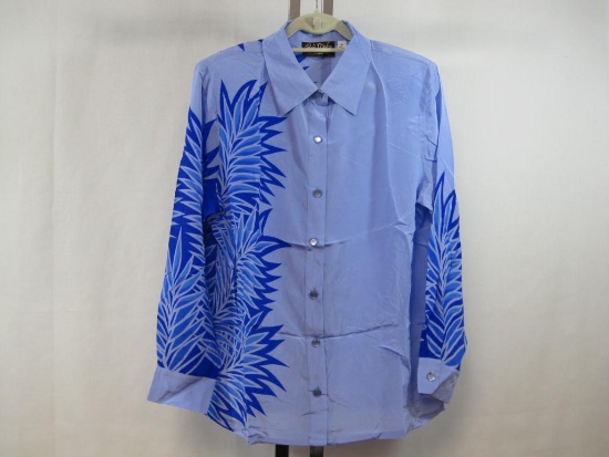 Bob Mackie Wearable Art Silk Printed Blue Button Front Top, Medium, 6 oz