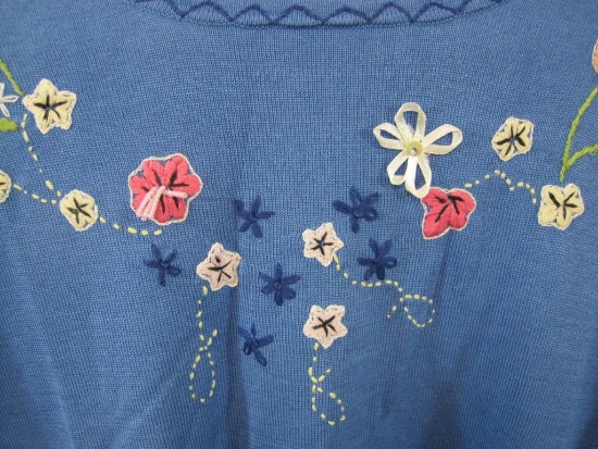 Cathy Hardwick Studio French Blue Embroidered Sweater, Silk/Cotton, Large, 10 oz