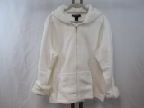 Denim and Company Ivory Fleece Full Zip Hooded Jacket with Faux Fur Trim, Large, 100% Polyester, 1
