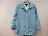 Dennis Basso Light Blue Hooded Rain Jacket, Size Medium