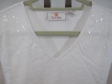 Quacker Factory White 3/4 Sleeve Sequin Swirl V-Neck T-Shirt, Large, 10 oz
