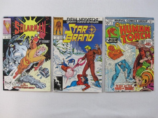 Three Marvel Comics including Solarman No. 1, Jan 1989, Star Brand Annual No. 1, 1987, Human Torch