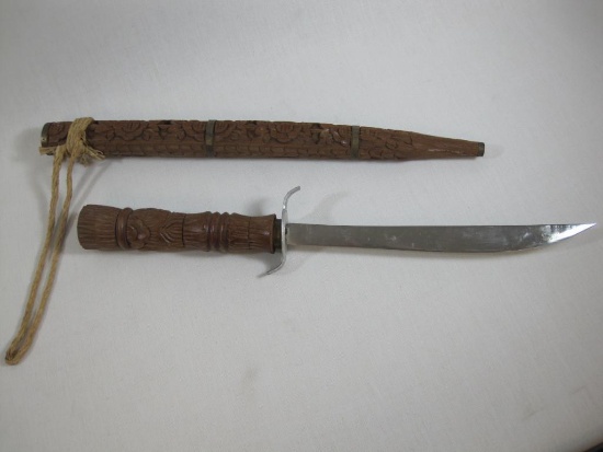 Thailand Ceremonial Sword in Carved Wood Scabbard, 11.5 inch Blade, 1 lb 2 oz