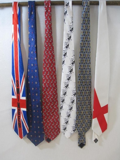 Assorted Ties including British Flag, Pencey Prep and Brooks Brothers Satin 10oz
