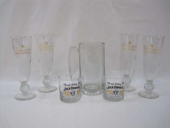 Bar Themed Glassware includes Budweiser Millennium Footed Pillsner Glasses, Jack Daniel's Rocks