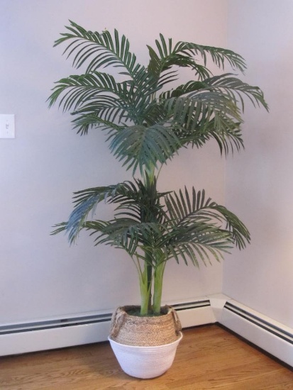Plastic Parlor Palm in Wicker Basket Stand Approximately Five Ft Tall