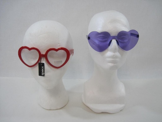 Two Pairs of Heart Sunglasses, One Pair Red Framed with Clear Lens And One Pair Purple with Purple