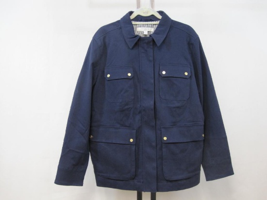 Liz Claiborne New York Navy Blue Twill Jacket, XL, Front Zip with Snap Closure Overlay and Pockets,