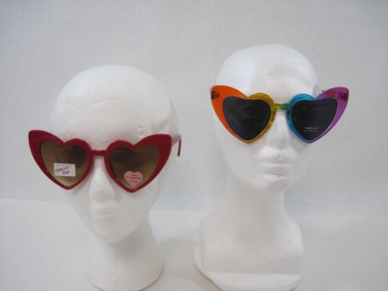 Two Pairs of Heart Shaped Sunglasses One Rainbow, One Red 100% UV Protection 4oz