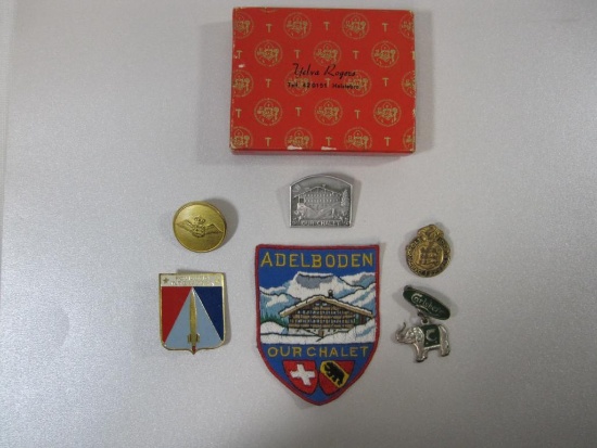 Vintage European Pins and Patch including Adelboden Chalet, Carlsberg Pin and more, 2 oz