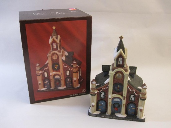 Hand Painted Fine Porcelain Collectible 9" Lighted Victorian Church, in original box, Galleria Inc,