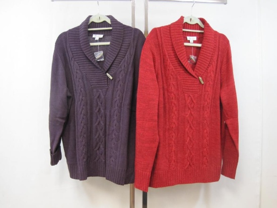Two Denim and Company, Cable Knit, Shawl Collar, V-neck, Pullover Cardigans, XL, Red and Purple, 3
