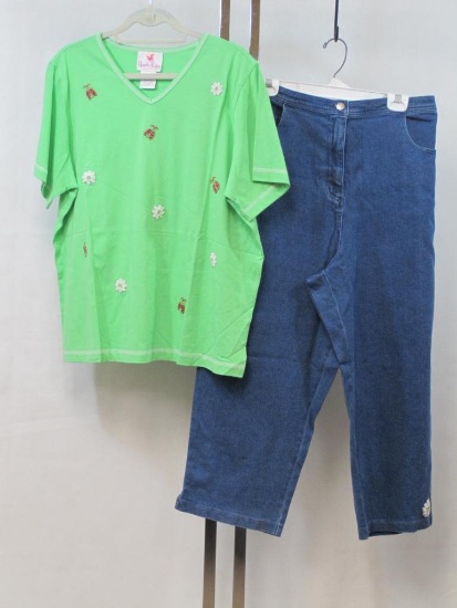 Quacker Factory, XL, Seed Pearl Embellished Tunic Top, Light Green, with XL Stretch Top Wide Leg