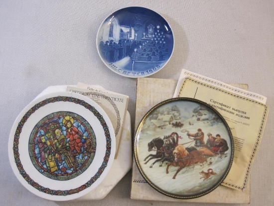 Three Christmas Collectible Plates including Christmas in Church 1968, Christmas 1977 Limoges, and