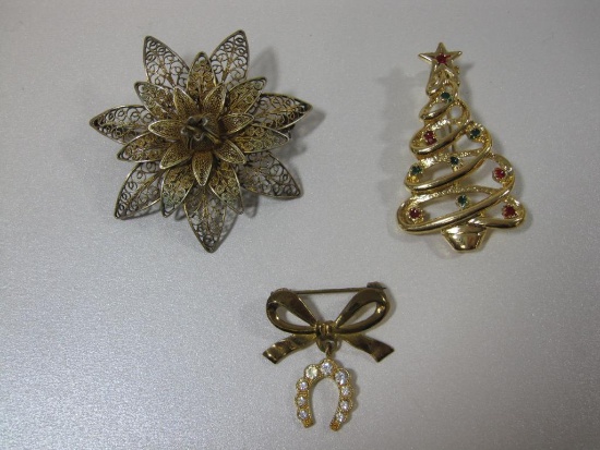 Three Vintage Gold Tone Pins including Christmas Tree, Filigree Flower and more, 2 oz