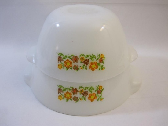 Two Vintage Fire King Gingham Floral Mixing Bowls 12 and 13, 5 lbs