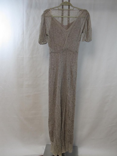 Grey Hand and Machine Sewn Two-Part Dress with Silk Underdress and Lacey Overdress, meaures