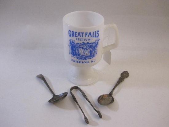 Great Falls Festival Paterson NJ Milk Glass Mug and 3 Silver Plate Utensils including Asbury Park