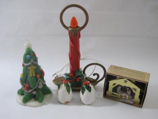 Assorted Vintage Christmas Items including Christmas Tree Candle, Lefton Salt and Pepper Shaker Set,