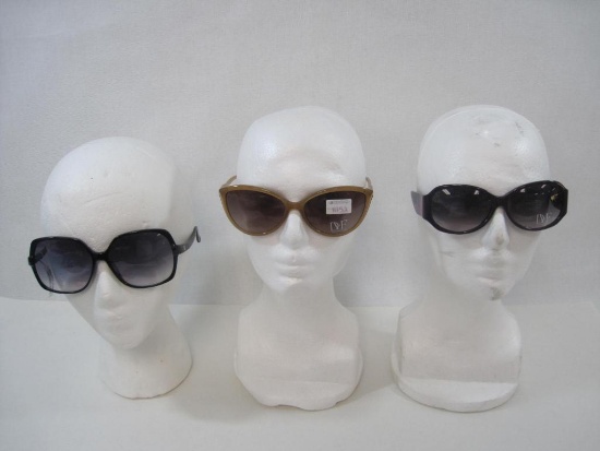 Three Diane Von Furstenburg Sunglasses in Light Brown, Plum Purple and Black in Soft Cover Cases