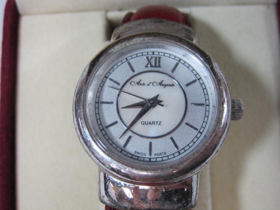 Arte D' Argento Sterling Silver Watch with Red Leather Band, see pictures for condition AS IS