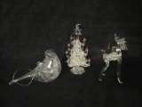 Three Spun Glass Christmas Ornaments including Christmas Tree, Reindeer and Dove, 3 oz