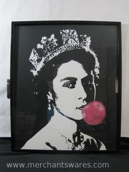 Queen Elizabeth Blowing Bubblegum Framed Art, approx 20 x 24 inches
