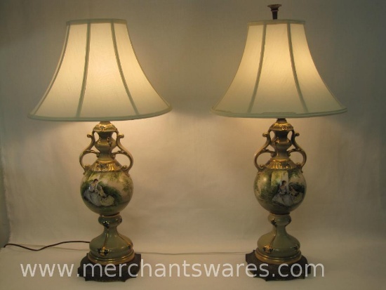 Pair of Ceramic Table Lamps with Cast Brass Base and Gold Leaf Accent, with Shades, approx 32 inches
