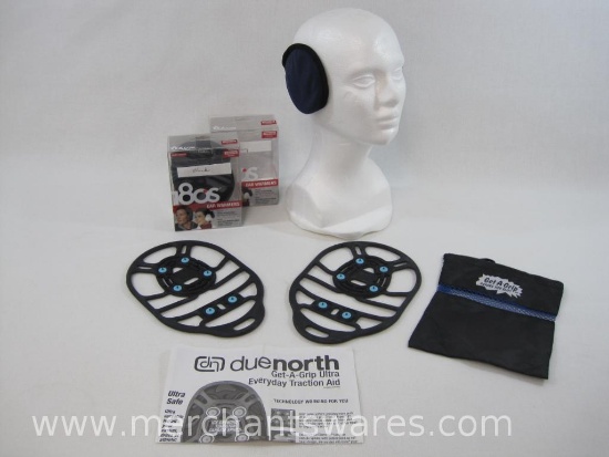 Two Pair 180's Ear Warmers, Navy, Black, with Duenorth Get-a-Grip Ultra Winter Traction Slip-on