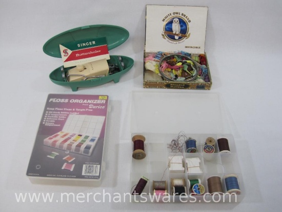 Singer Buttonholer with a Needlepoint Ring, Cigar box of Threads and 2 Floss Organizers with Thread