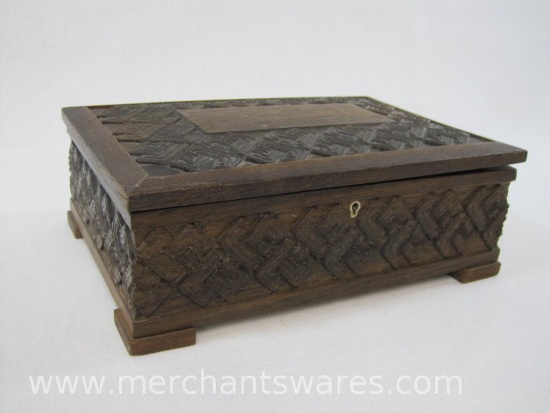 Carved Wood Trinket Box with Contents, Lapel Pins, Beaded Pins and more, No Key