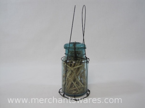 Mason Ideal Blue Glass Wire Bail Top Canning Jar with Wire Jar Carrier